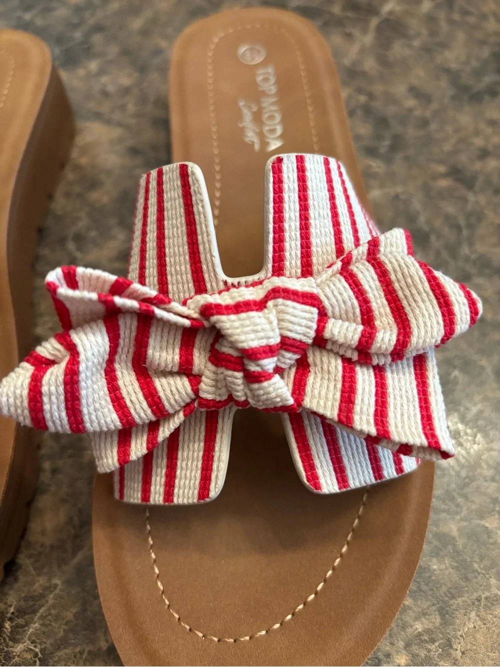 TOP Moda Red & White Striped Susie Bow Knot Slide Sandals w/Brown Footbed 8 1/2